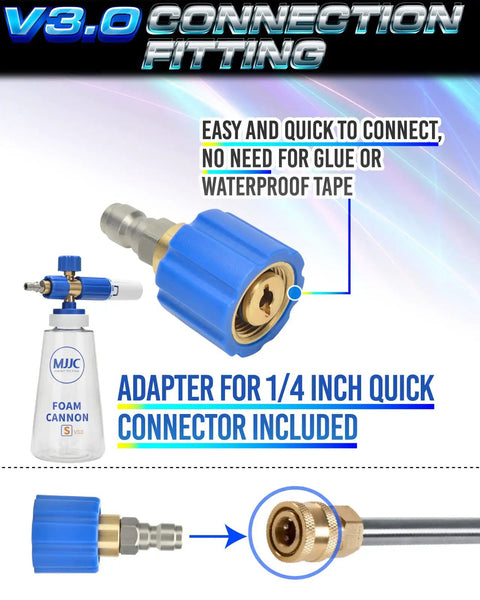 Foam Cannon S V3 With Beefed Up Thick Snow Foam Technology And Quarter Inch Quick Connector For Pressure Washer Plus Premium Snow Foam Car Wash Soap 20 Fl Oz Kit, showing connection fitting and adapter detail