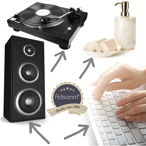 Turntable, keyboard, speaker, soap dispenser with arrows pointing to "Adsamm" logo, highlighting diverse product use