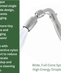 Lead-Free Metal Handheld Shower Head With No-Nonsense High-Pressure 2.0 GPM Spray, showing unique nozzle design and water flow.