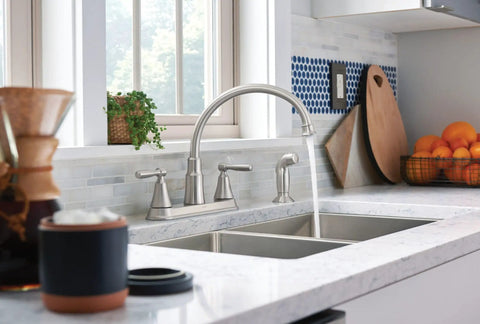 Hutchinson Spot Resist Stainless 2-Handle High Arc Kitchen Faucet With Side Sprayer, No-Fuss Duralock Install, clean modern countertop