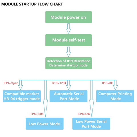 Flowchart showing module startup process including power on, self-test, and R19 resistance detection for different modes.