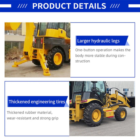 Heavy Duty Backhoe Loader With Built Tough Attachments For Construction Agriculture And Farm Work emphasizing hydraulic legs and thick tires