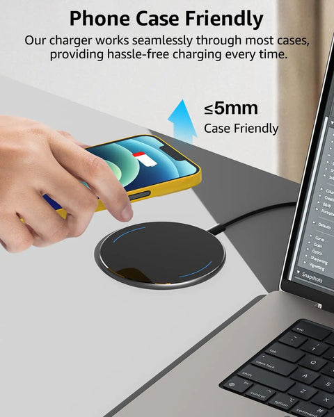 Anti Slip Aircraft Grade Aluminum Wireless Charger Pad With 15W Max Fast Charging for iPhone and Samsung on desk next to laptop