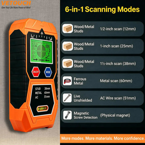 No Sweat 7 In 1 Wall Scanner And Stud Finder. Bright LCD screen, features 6-in-1 modes for detecting wood, metal, and wires.