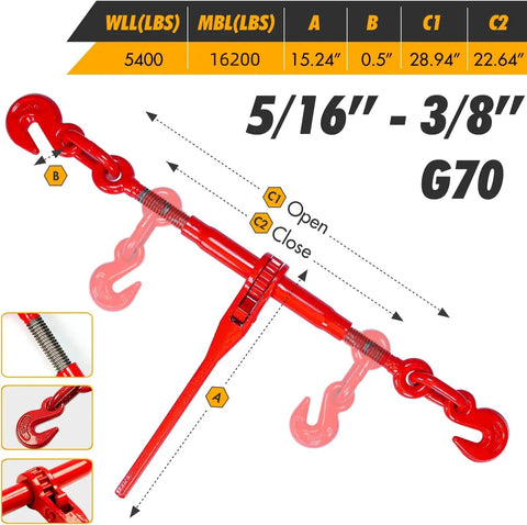 Badass Two Pack Ratchet Load Binder With Grade 70 Hook To Hook Five Sixteen Inch By Ten Foot Chains, red color and dimensions indicated.