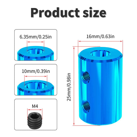 Blue 6.35mm To 10mm Bore Shaft Coupler For 3D Printers And Motors Aluminum Alloy L25xD16 with size details