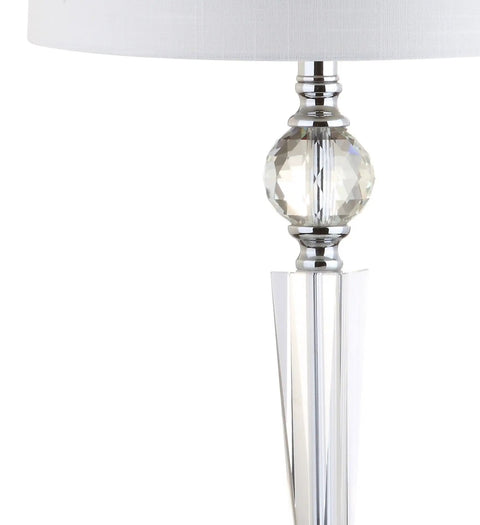 Close-up of Clear Crystal Table Lamp Set Of 2, 29 And A Half Inch Tall Modern Glam Candlestick Lamps with Chrome Bases and White Linen Drum Shades.