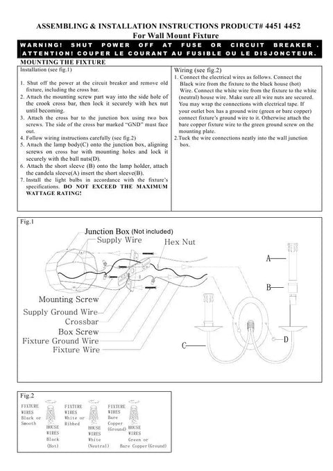 Assembly instructions for Heritage Two Light Black Wall Sconce showing wiring diagram and installation steps.