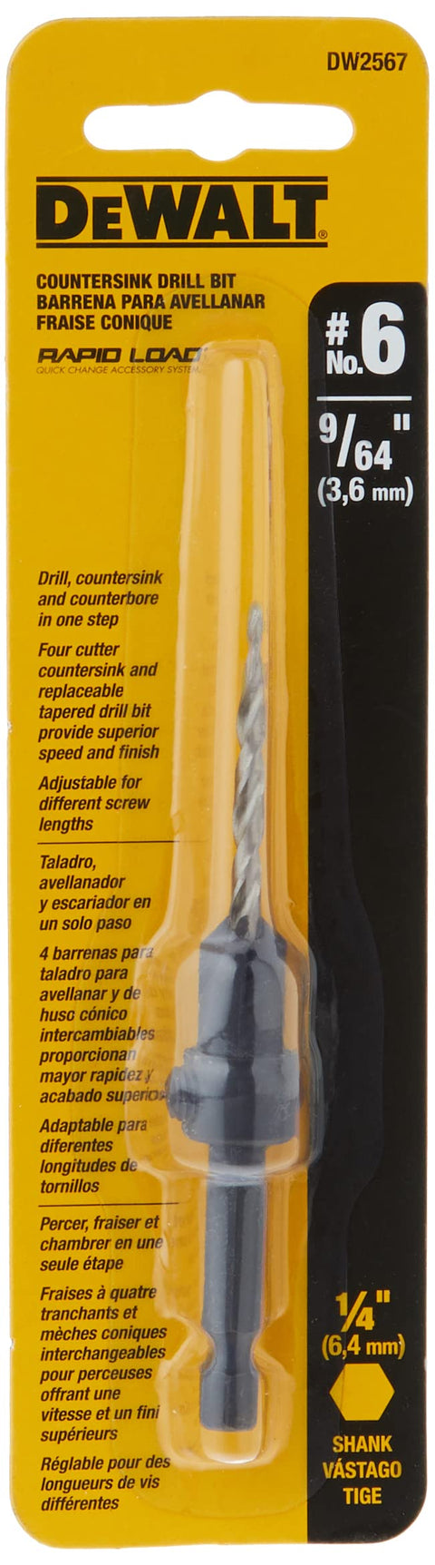 Six Countersink Bit with Nine Sixty Fourth Inch Drive Four Cutter Design Drills and Tapers in One Quick Motion for Killer Finished Holes on Wood and Metal Making Your Next Build Absolutely No Sweat, packaged product