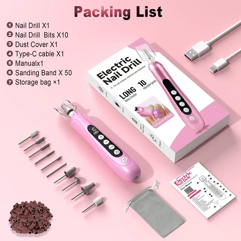Beast Mode Heavy Duty Electric Nail Drill And Cordless Nail File Rechargeable Professional Manicure Kit with parts and packaging on pink background.