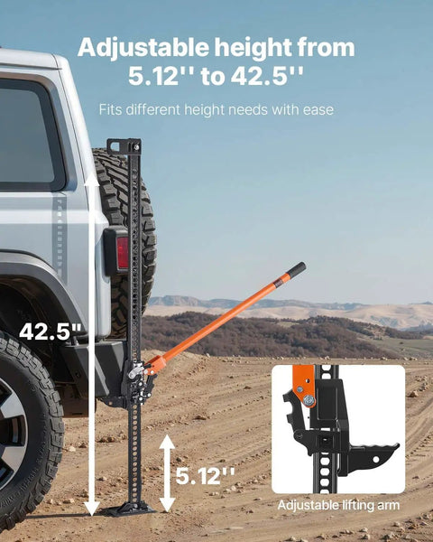 48 Inch High Lift Farm Jack Featuring A Badass 7000 Pound Ratcheting Build for Off Road Recovery, showing adjustable height from 5.12 to 42.5 inches.