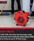 Red Beast Mode 3 Speed Floor Blower Fan Delivering 1200 CFM for Quick Drying and Ventilation, in use on tiled floor indoors.