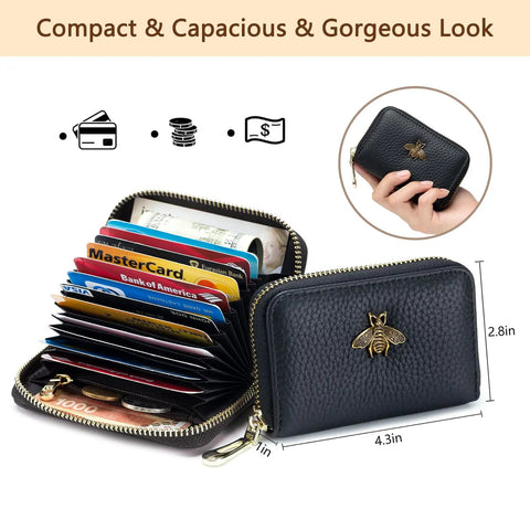 RFID Blocking Leather Card Holder For Women Tiny Zipper Wallet With Bee Accent, Black Lite, open with cards and cash, 4.3 x 2.8 in