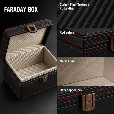 Open Faraday Key Fob Box For Car Keys, RFID Signal Blocking Case with carbon fiber PU leather, red suture, metal lining.