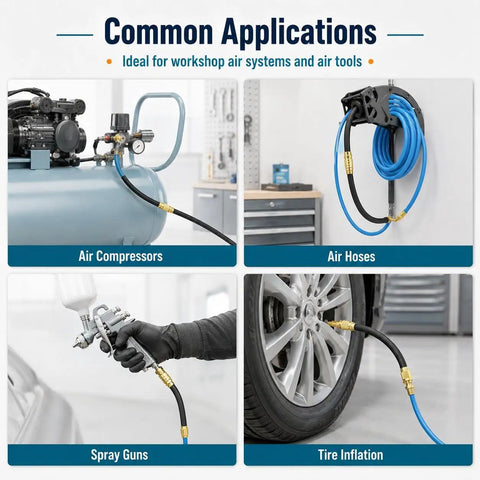 Ultra Flexible Rubber Air Compressor Whip Hose Kit With No Sweat Connections And Dead Simple Routing For Pneumatic Tools and Regulators in use with air compressors and spray guns.