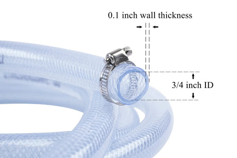 High Pressure Braided Clear PVC Tubing Three Quarter Inch ID 98 Feet With 10 Hose Clamps close-up showing wall thickness and clamp