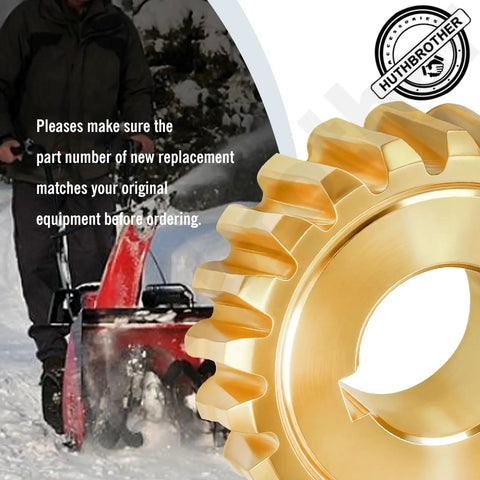 20T Worm Gear Replacement for 40 to 42 Inch Snowblowers showing brass gear detail and snowblower use with fit confirmation advice.