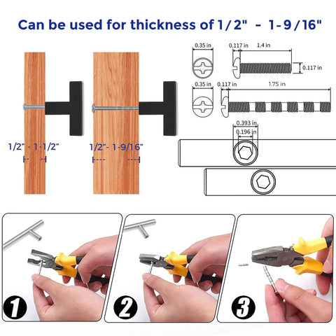 Installation guide for 30 Pack Matte Black Square Cabinet Knobs And Pulls 2 Inch Square Bar Handles with dimensions and tools.