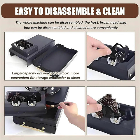 Automatic 58mm Electric Portafilter Cleaner for Home Espresso Machines showing easy disassembly of brush head and residue box.