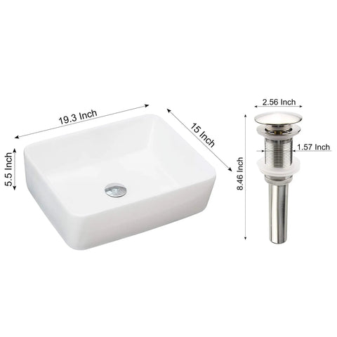 Rectangle Vessel Sink With Pop Up Drain Included For Above Counter Bathroom White Porcelain Ceramic Vanity Basin 14.6 X 18.9 X 5.2 Inches Without Faucet Hole shown with dimensions