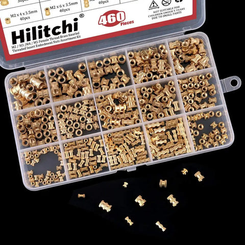 Plastic case with 460 brass knurled threaded inserts for 3D printing M2 M3 M4 M5 female fasteners assortment pack for DIY projects.