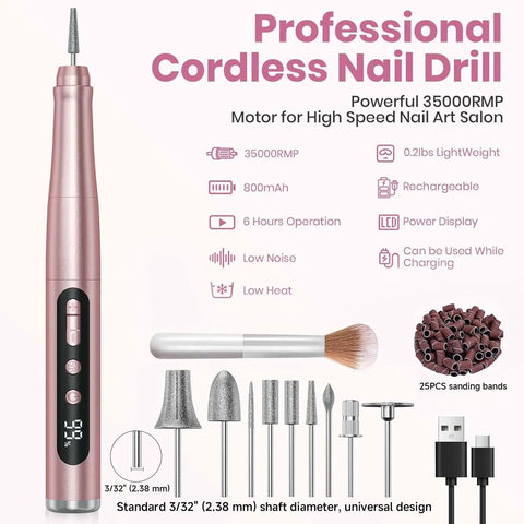 Badass Cordless Nail Drill Delivers 35000RPM Electric File With Clear Lcd Screen, includes various drill bits and sanding bands.