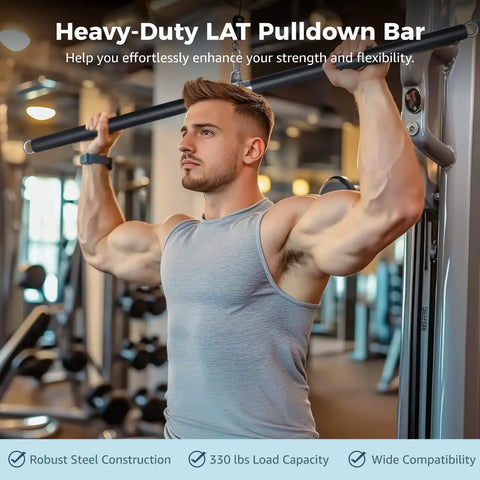 Man using Beefy Lat Pulldown Bar With 360 Degree Swivel, Detachable Straight Bar, Non Slip EVA Wrapped Handles, Double Hook T Bar