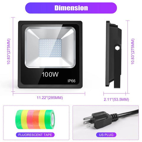 Dimensions and design of Super Bright UV Black Light 100W Flood Light With 10ft Power Cord IP66 Ultraviolet Stage Lighting