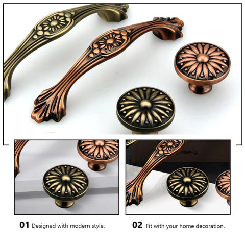 Solid Zinc Alloy Cabinet Handles And Drawer Knobs, Antique Bronze Single Hole Furniture Pulls, floral design detail, 2 Pack