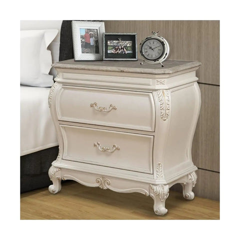 Timeless Tradition Nightstand With Granite Top In Pearl White Veneer, Full Extension Drawer Glides, Felt Lined Top Drawer