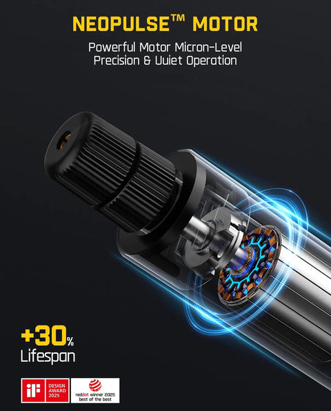 Close-up of Sleek Mini Cordless Rotary Tool Kit's Neopulse™ motor showcasing powerful precision and quiet operation.