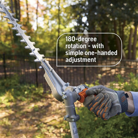 Gas Hedge Trimmer With 21-Inch Cutter Bar, Double-Sided Reciprocating Blades showing 180 Degree Rotating Pole Attachment in use.