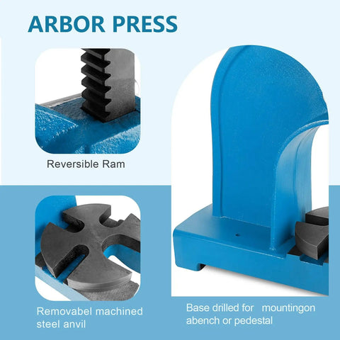 Real Deal Heavy Duty Cast Iron Manual Arbor Press Delivering Legit 3 Ton Force And Spacious 12 Inch Clearance showing reversible ram and machined anvil.
