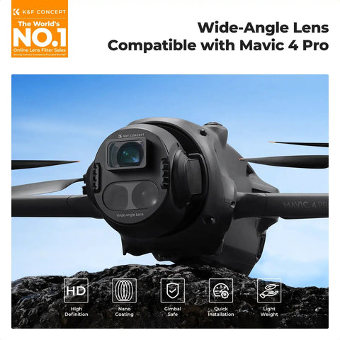 Close-up of DJI Mavic 4 Pro drone with attached Wide Angle Lens For DJI Mavic 4 Pro Drone, 108 Degree Field Of View, against sky background.