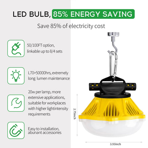 Ultra Bright 100 Foot LED Construction String Lights With Aluminum Housing 200W Total Power 20000 Lumens For Temporary Work Sites Portable Extendable Design With Hooks 3 Prong ETL Listed, 85% energy saving, yellow light fixture with hook, dimensions shown