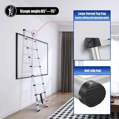 8.5 Foot Aluminum Telescoping Ladder With One Button Retraction Easy Pull Portable Foldable Extension Ladder in room use