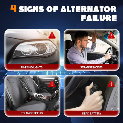 Illustration showing four signs of alternator failure: dimming lights, strange noises, strange smells, and dead battery.