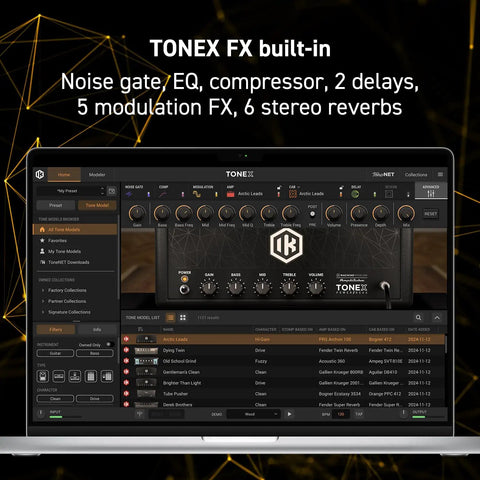 TONEX Pedal Ultra Realistic Stereo Multi-Effects For Guitar And Bass with editor software on laptop screen