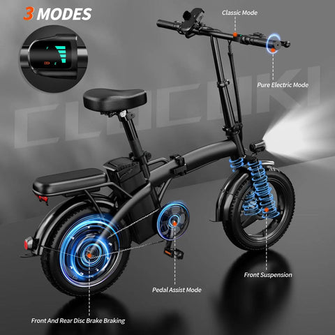 Beast 550W Ebike With 25 MPH Top Speed, 35 Mile Range, 300 Lbs Load, Tool Free Fold, front suspension, and three ride modes.