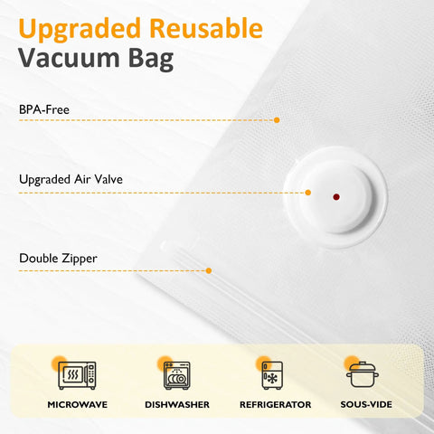 Image of upgraded reusable vacuum bag with air valve and double zipper part of Ultra Portable Handheld Vacuum Sealer For Food Cordless USB Charge Rechargeable Battery And Air Seal Keeps Food Fresh 5X Preservation For Home Kitchen Camping Travel Meal Prep