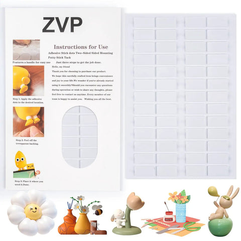 Super Grippy Removable Glue Dots For Diy Crafts And Home Decor Total Game Changer Formula Clean Peel No Residue Clear Adhesive Sheets displayed with instructions and decorative items.