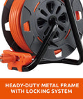 60 Ft Cord Reel With Four Outlets 14 AWG SJTW Cable Workhorse Heavy Duty High Visibility Extension Cord Reel Built In Tangle Free Winding System And Easy Grip Handle Safety Circuit Breaker Included For Indoor Outdoor Use with heavy-duty metal frame and locking system.