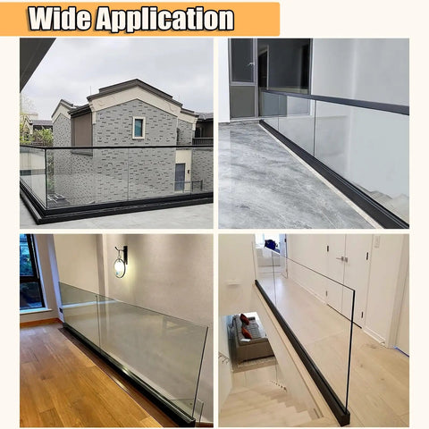Rock Solid Frameless Glass Railing Kit With Aluminum Base Rail For 10 To 15 Mm Panels shown in various applications on decks and indoors.