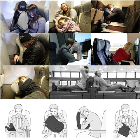 Collage of people using Inflatable Travel Neck Pillow With 3D Eye Mask And Earplugs in various transport settings.