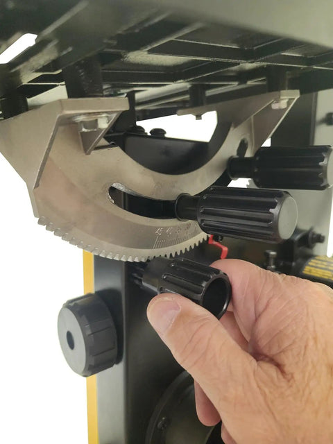 Pro Grade 9 Inch Benchtop Band Saw With 3.5 Amp Motor And Dual Speed Settings At 1700 And 2500 SPM showing blade adjustment mechanism.