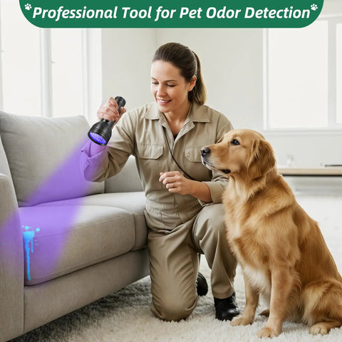 Woman using Ultimate UV Black Light Flashlight With 51 LEDs And 395 Nm Ultraviolet Beam For Pet Stains And Urine Detection