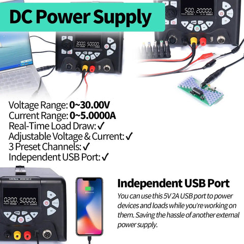 Three In One Hot Air Rework Soldering Station With DC Power Supply 30V 5A PID Temperature Control, USB port shown