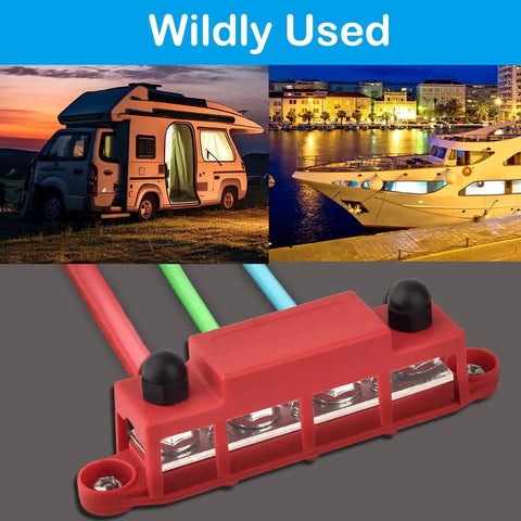 Road Ready Power Distribution Bus Bar With Four M8 Terminal Studs Handles 250 Amps On 12V Systems Built Tough For Solar And RV, red with wires.