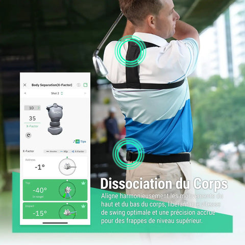 Person using SwingMotion Golf Swing Trainer And Analyzer with Dual Wearable IMU Sensors for 3D swing analysis.
