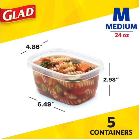 Medium Rectangle Food Storage Containers With Lids, BPA Free Plastic, Airtight Leak Resistant, Microwave Safe, 24 Oz, shown with pasta